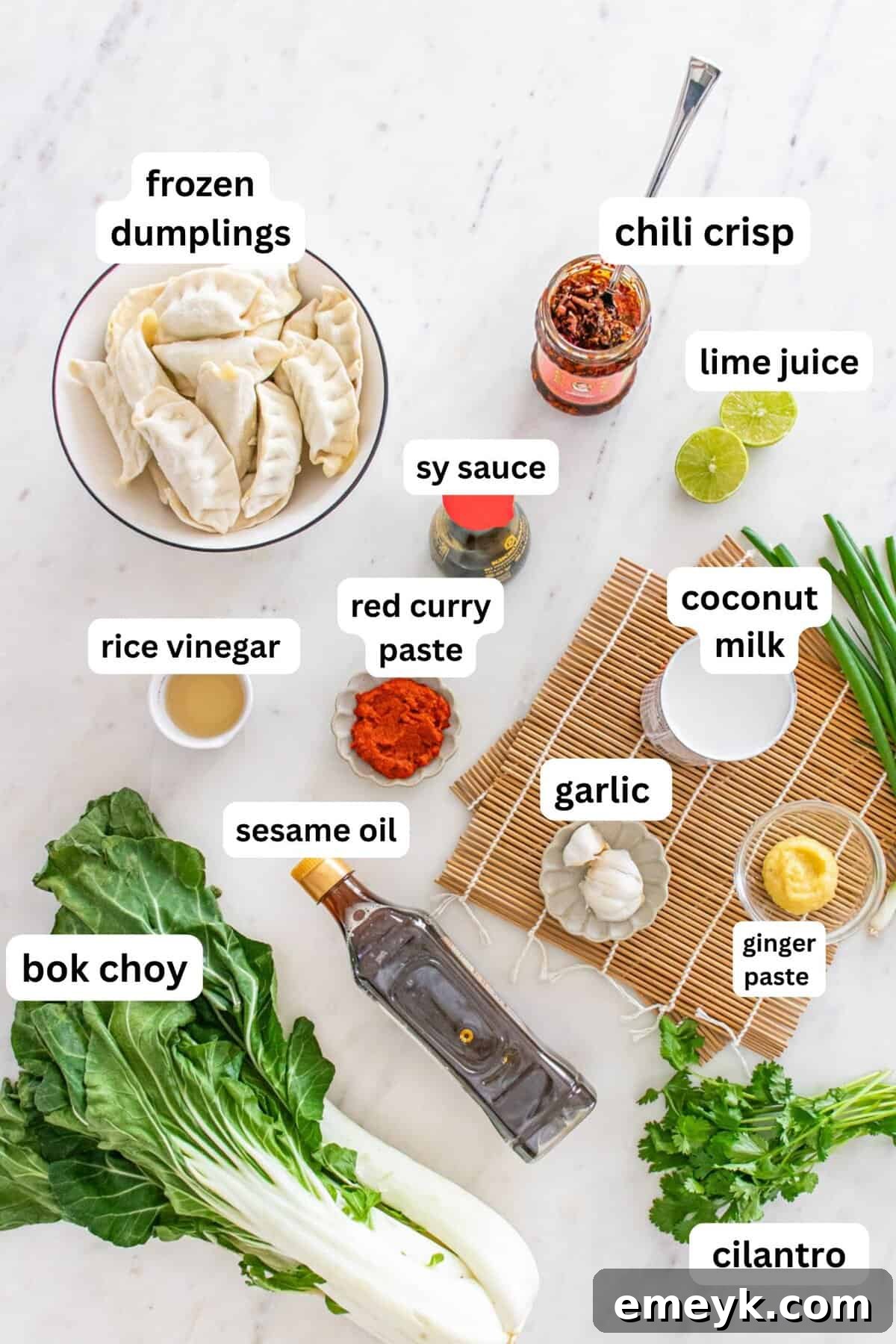 A selection of fresh ingredients for the viral baked dumplings recipe, including coconut milk, red curry paste, garlic, ginger, lime, and bok choy.