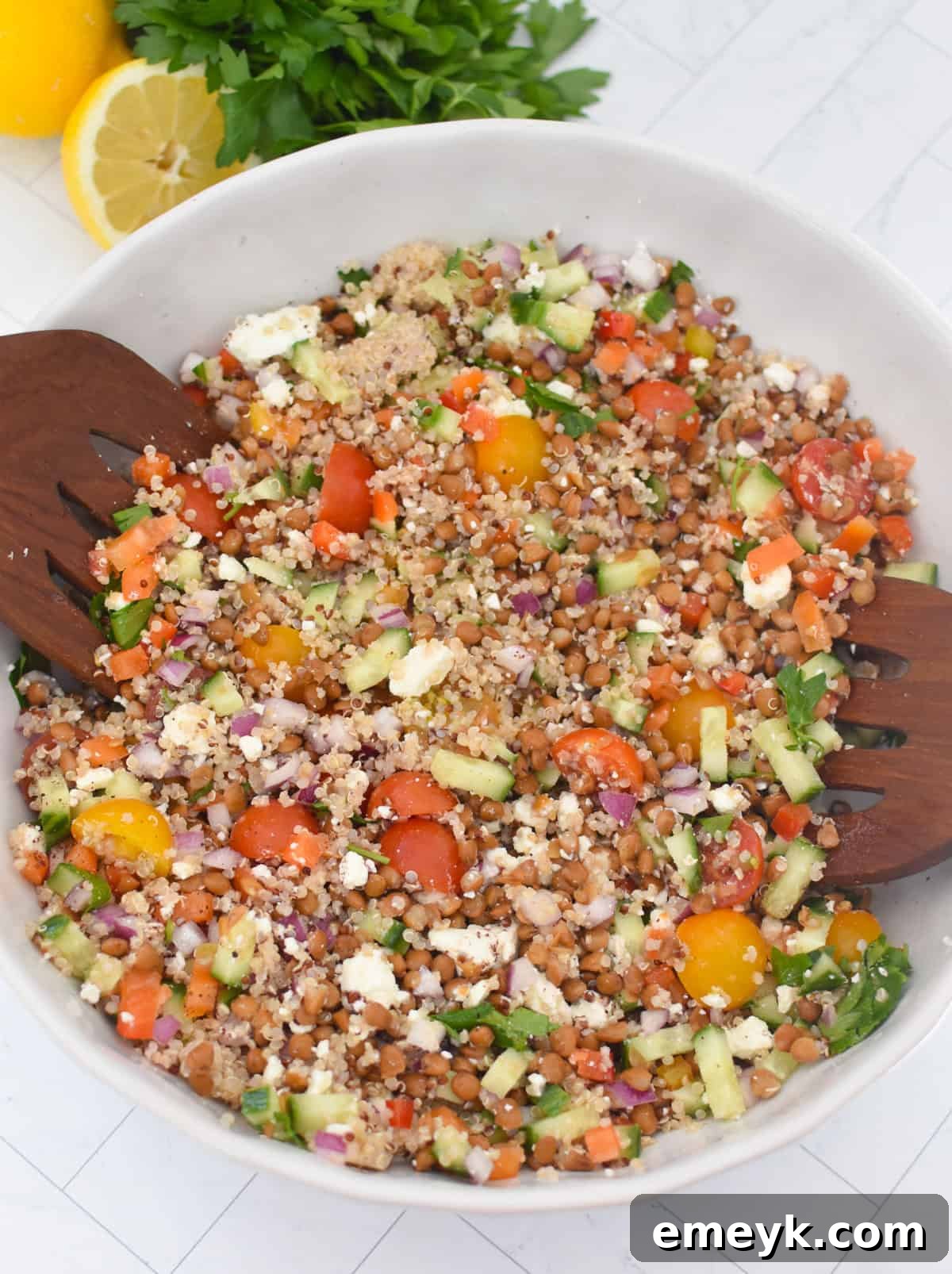 Vegetarian lentil quinoa salad with parsley and mint