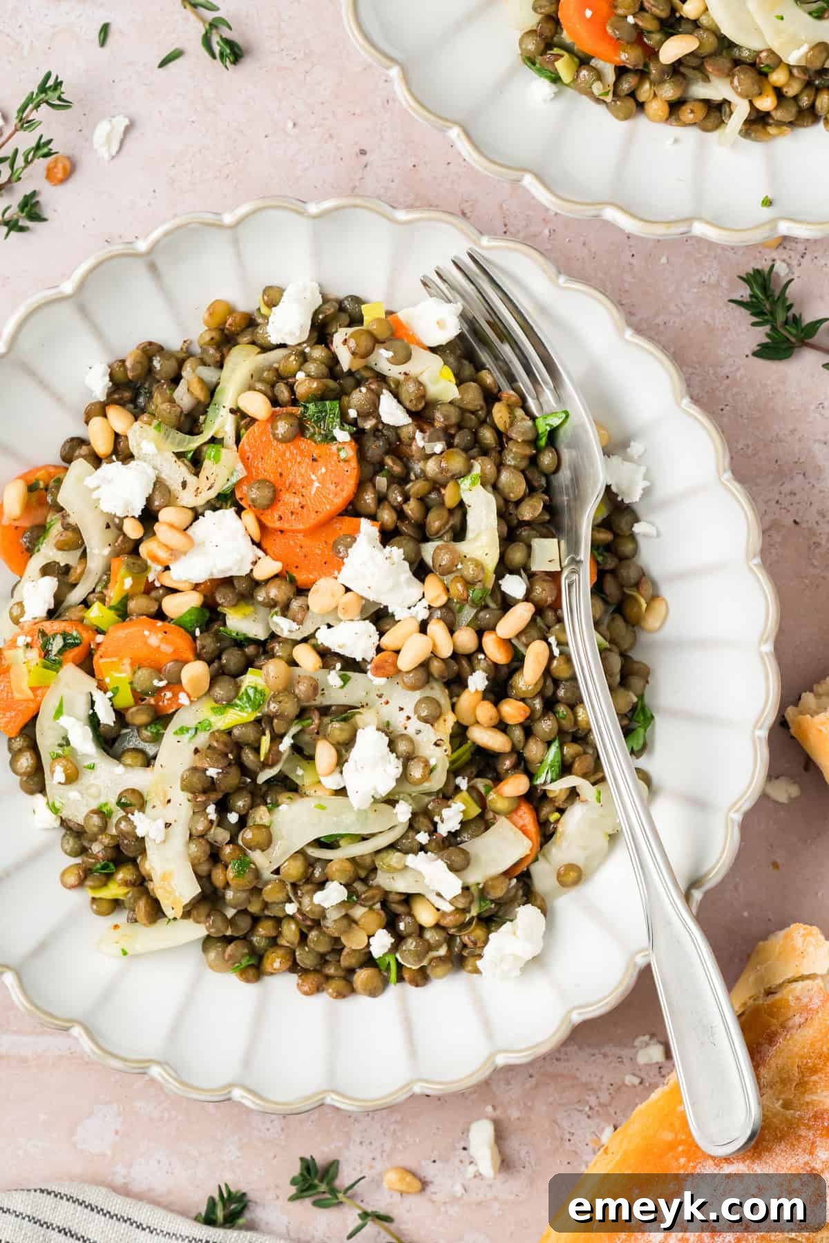 Mediterranean Lentil Salad with Carrots, Leeks and Feta Cheese served in a bowl