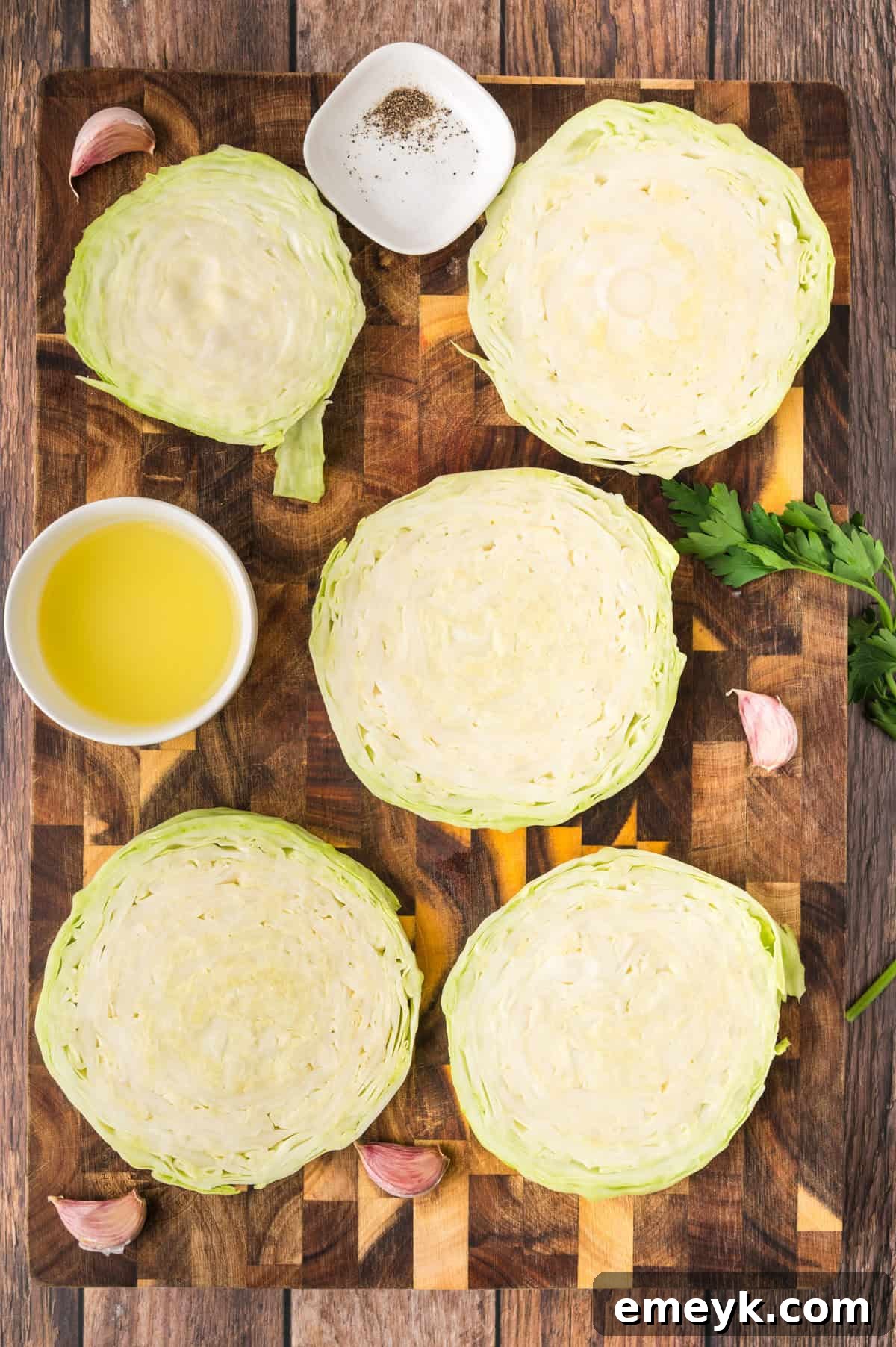 Mediterranean Cabbage Steaks on a cutting board