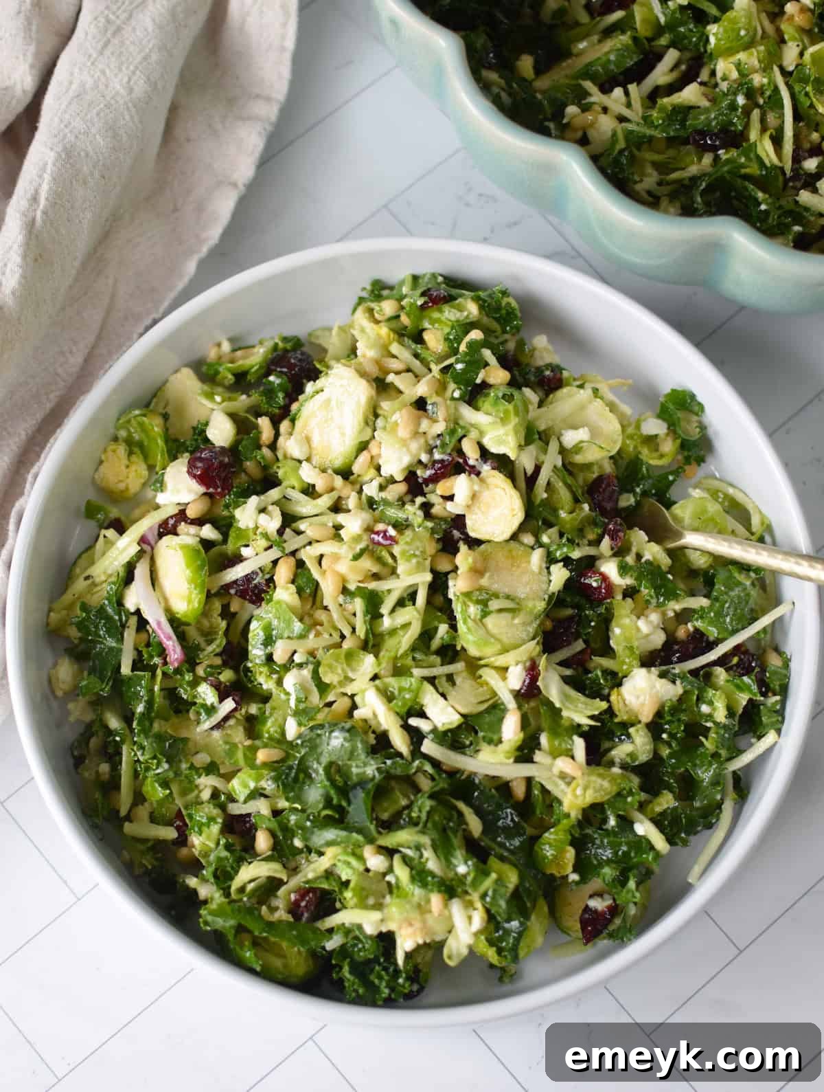 Close-up of a vibrant green leafy salad featuring shredded kale, Brussels sprouts, and dried cranberries, ready to be dressed.
