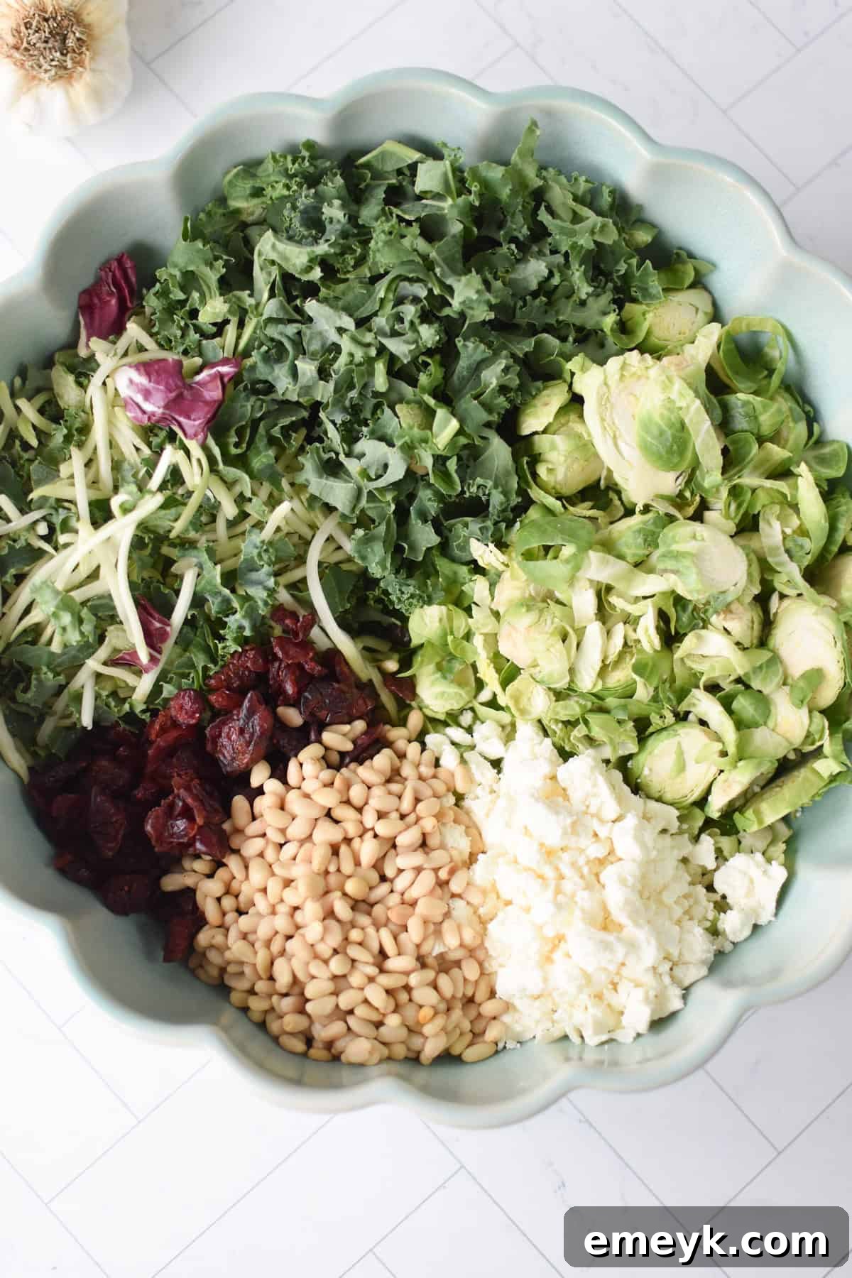 A large mixing bowl filled with the base ingredients for the Kale Brussels Sprout Salad, including kale, cabbage, and radicchio.