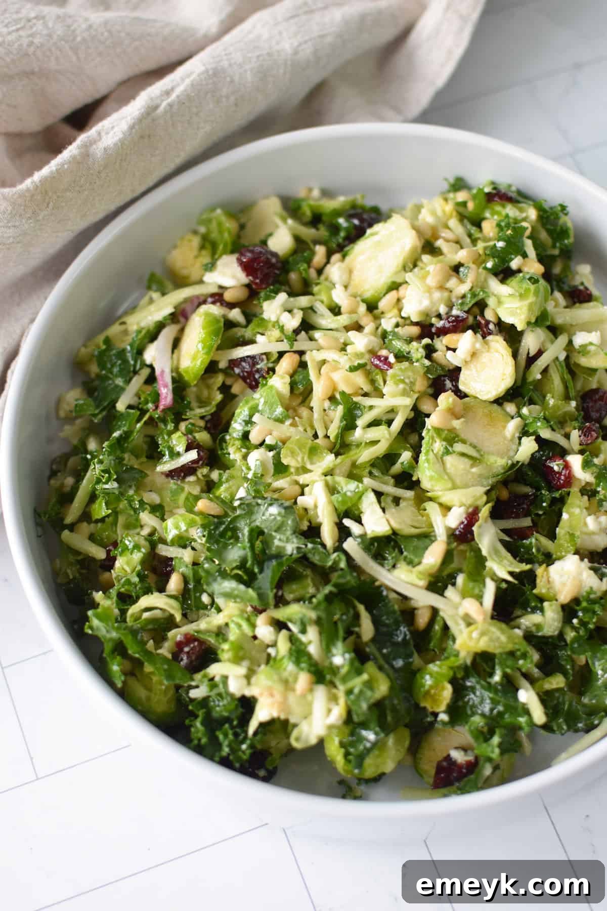 A serving of Kale Brussels Sprout Slaw in a small bowl, garnished and ready to eat.