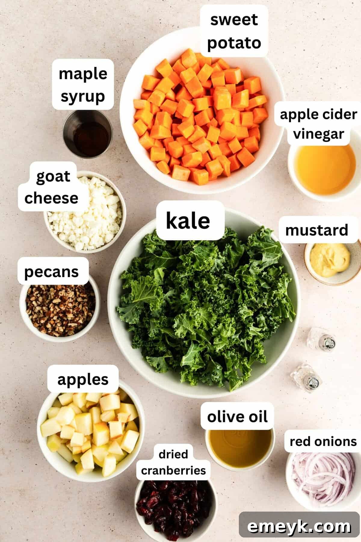 All ingredients laid out for a Roasted Sweet Potato Kale Salad