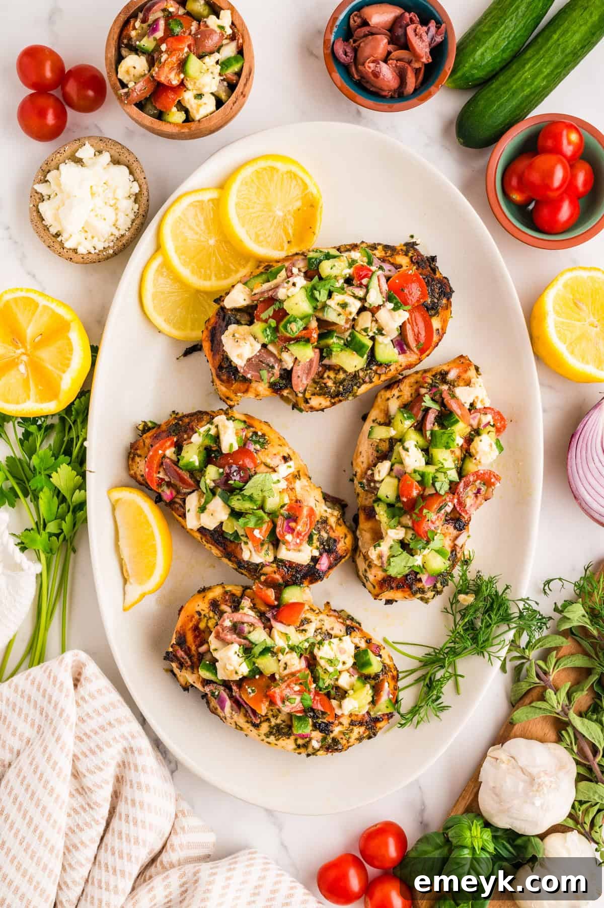 Plated grilled Mediterranean chicken breast with herb marinade drizzle and feta topping