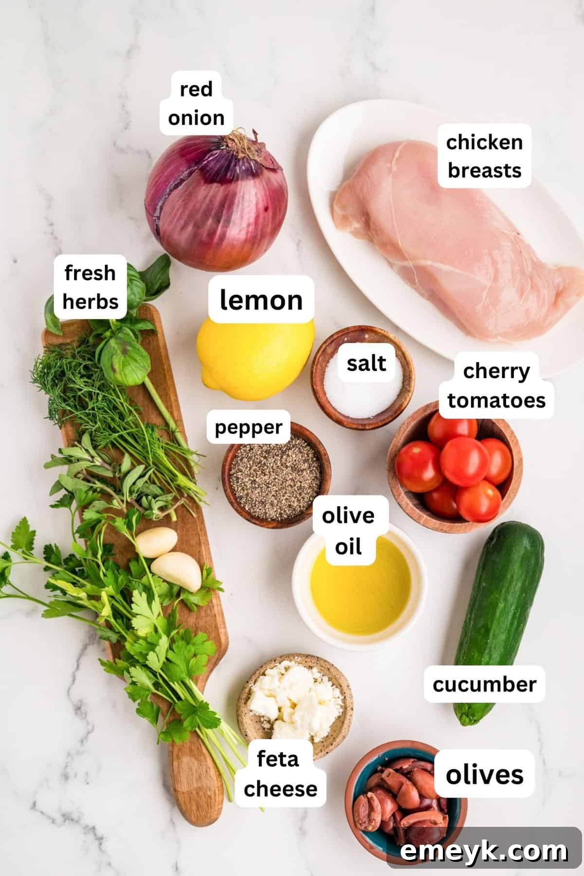 Lemon olive oil fresh parsley dill oregano and basil for grilled Mediterranean chicken marinade