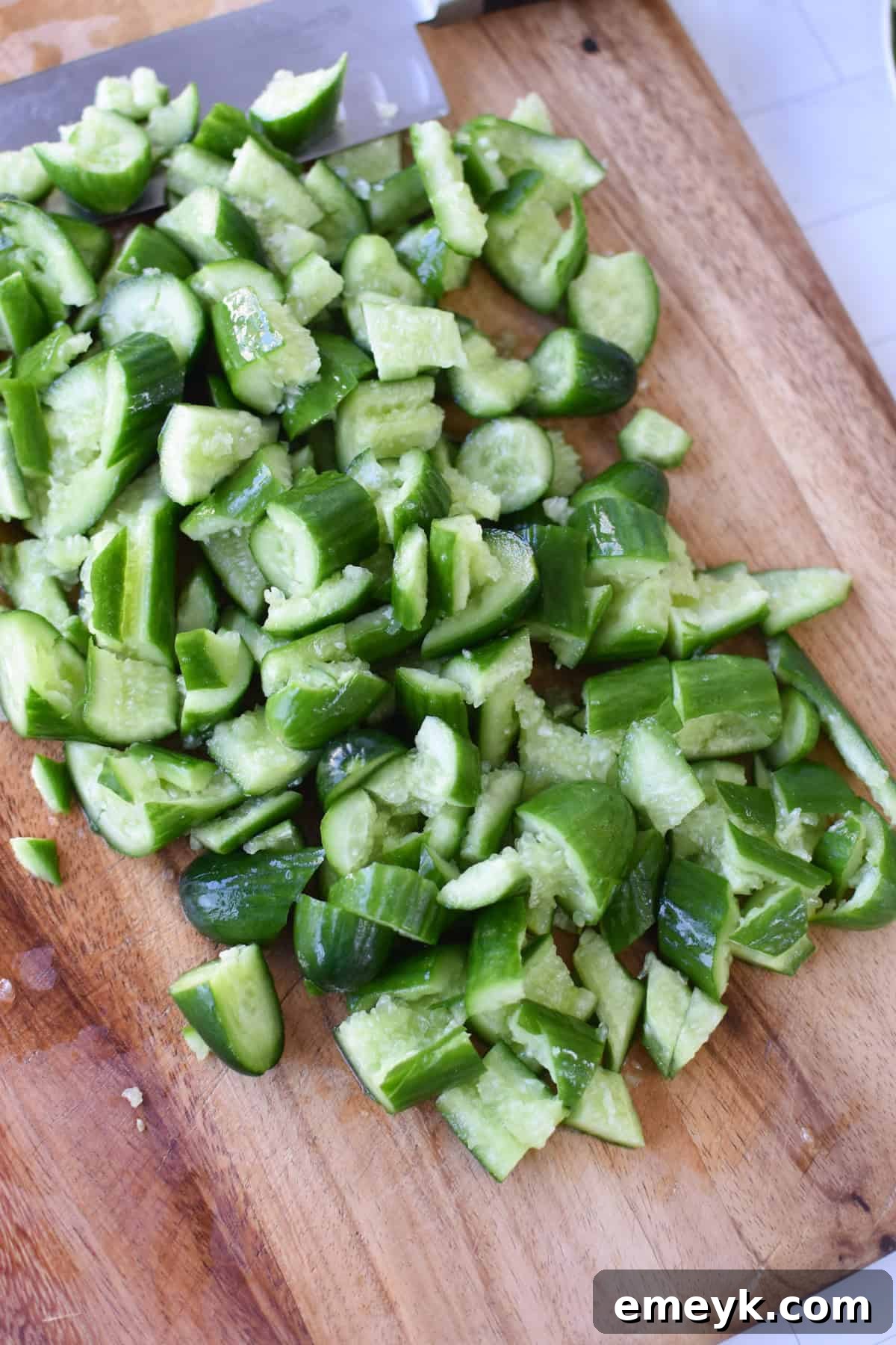 Smashed Cucumbers ready for the salad dressing.