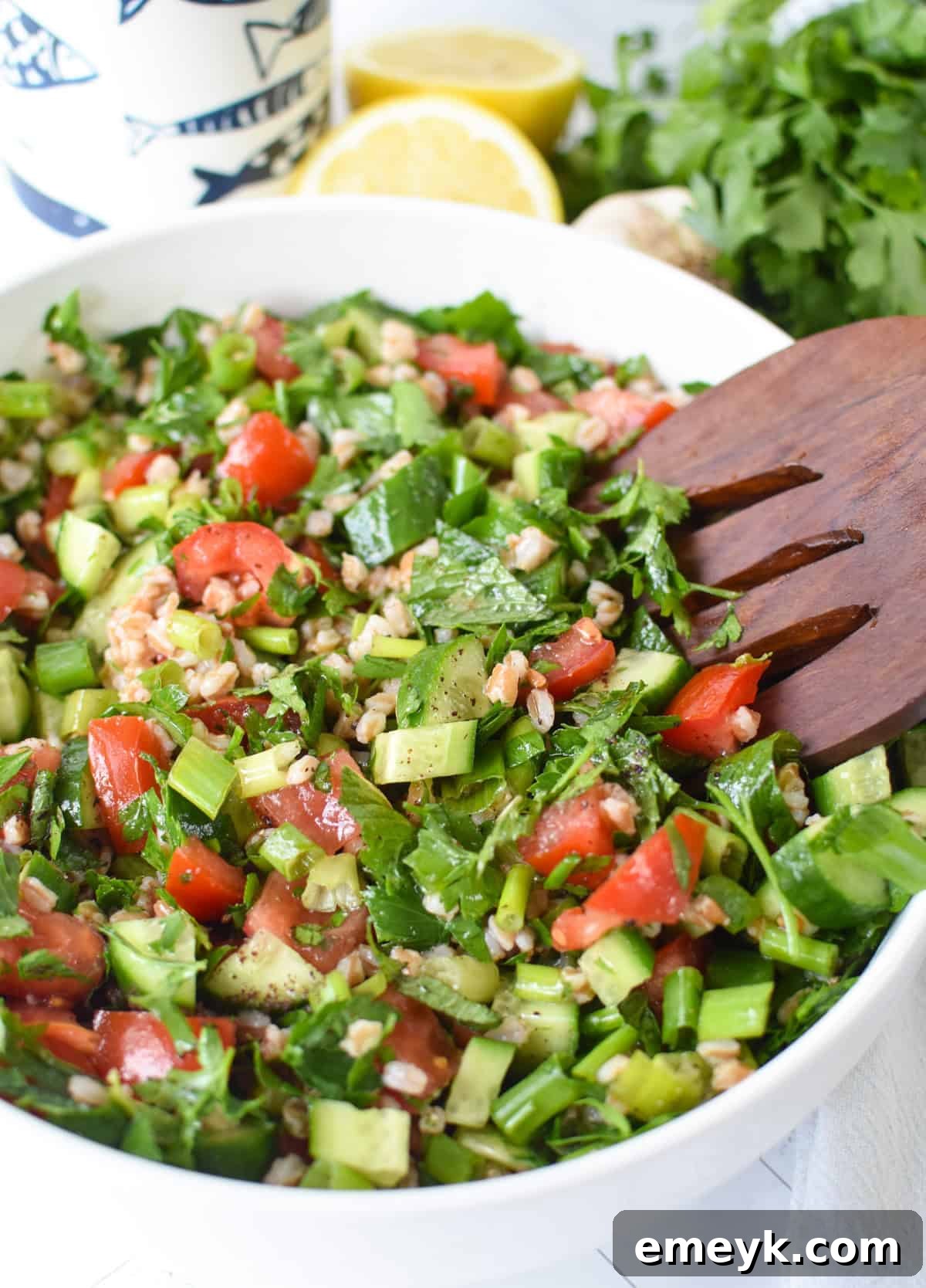 Mediterranean Farro Tabbouleh 6 Vibrant Lebanese-inspired farro tabbouleh salad with lemon vinaigrette, presented beautifully.