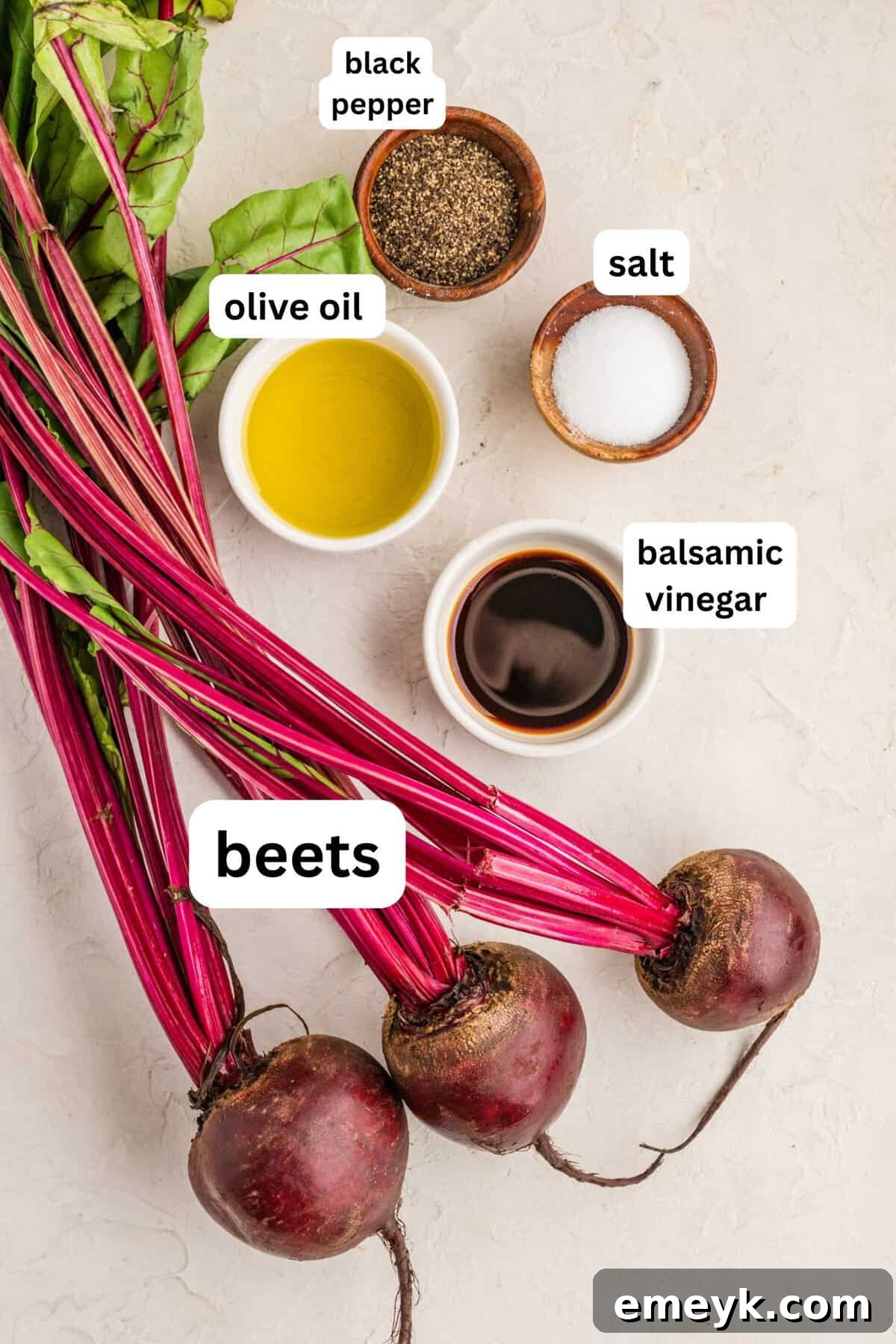 Quick and Easy Foil Free Roasted Beets 4 Ingredients for oven-roasted beets: whole beets, olive oil, balsamic vinegar, salt, and pepper.