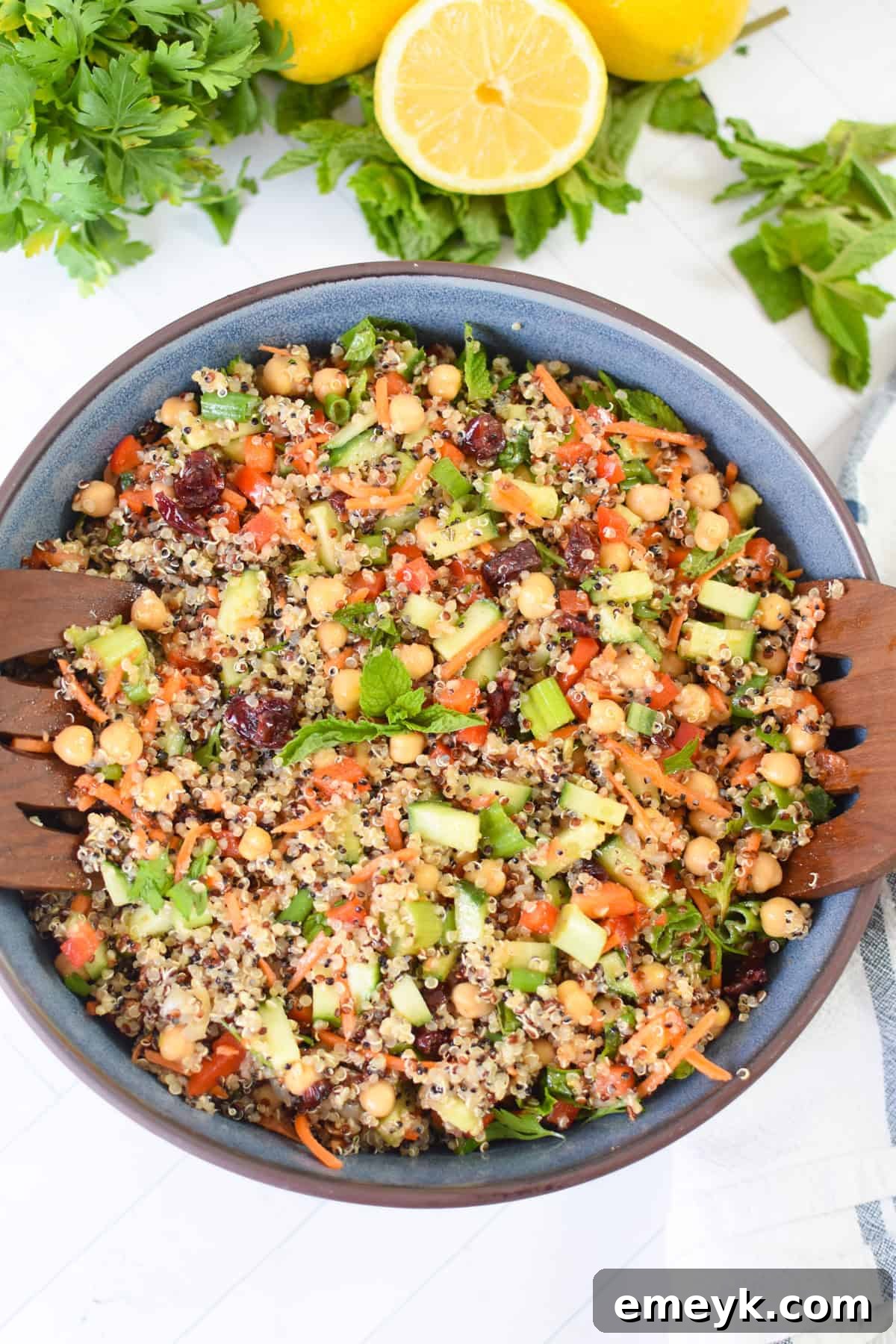 Easy Moroccan Chickpea Salad in blue bowl
