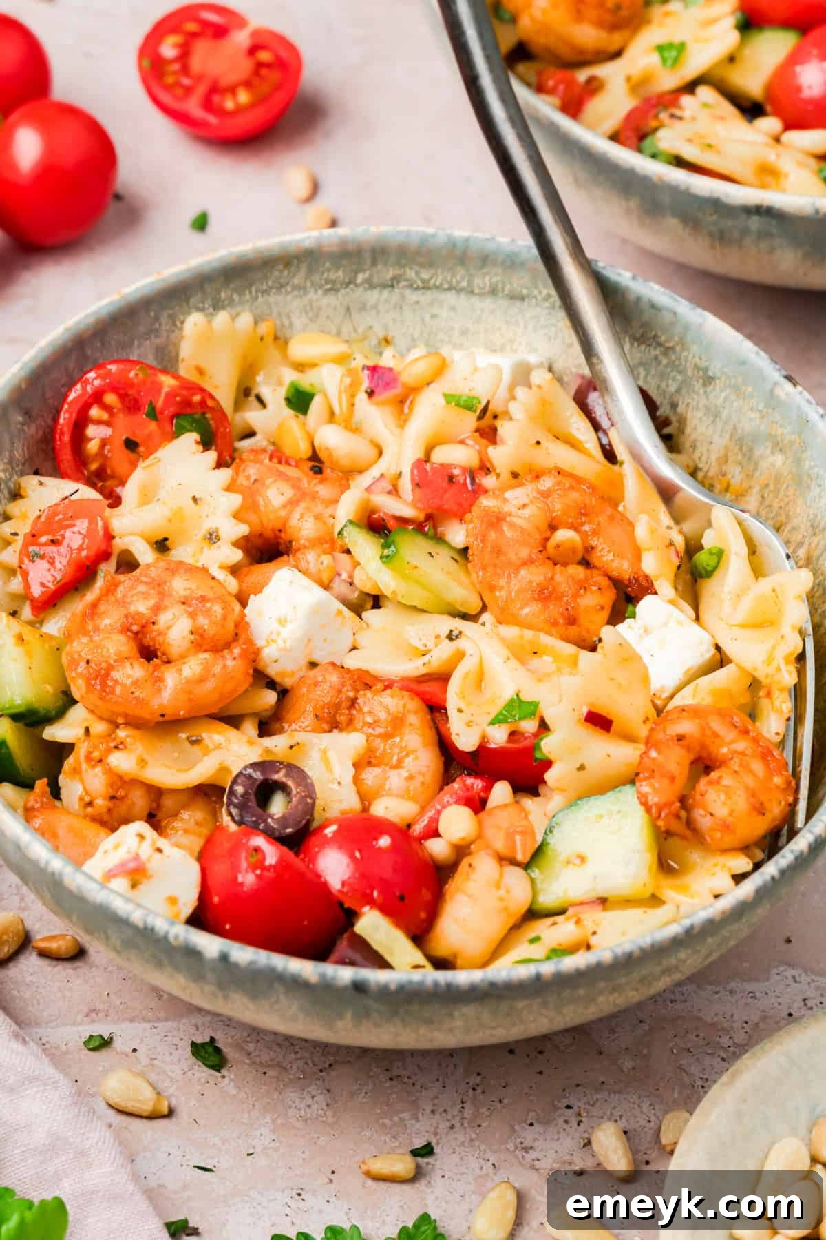 Mediterranean Cold Shrimp Pasta in a small bowl 