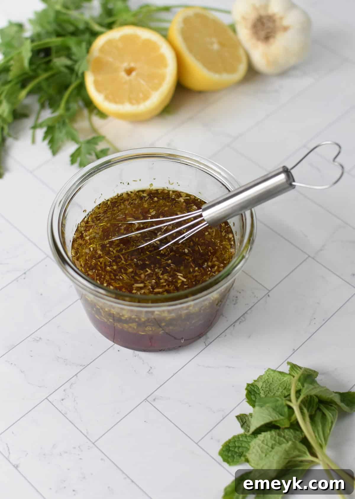 Bow Tie Pasta Salad dressing in a mason jar 