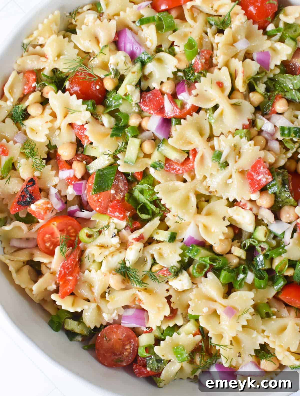 Mediterranean Bowtie Pasta Salad up close 