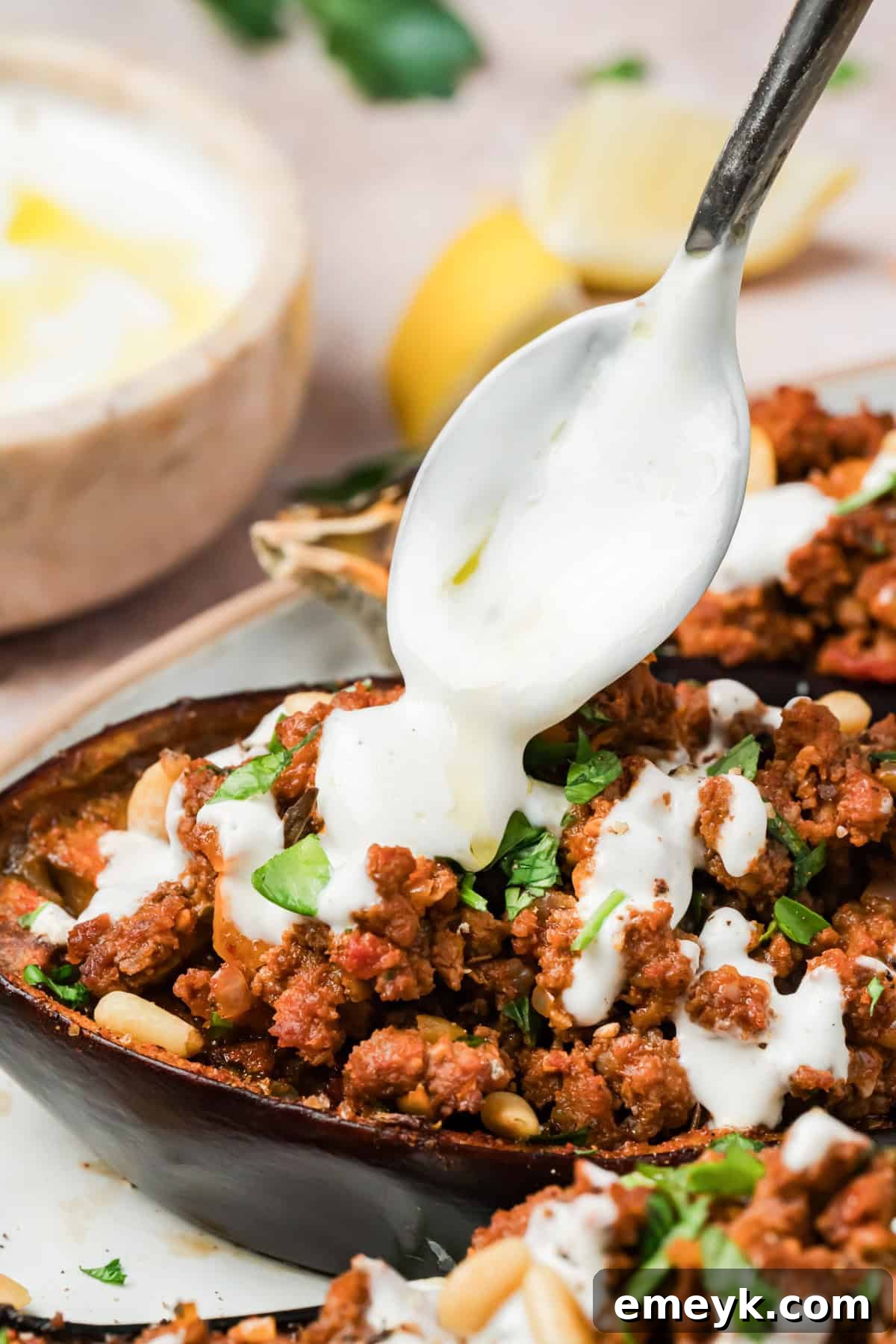 Garlic Yogurt Sauce drizzled on Eggplant