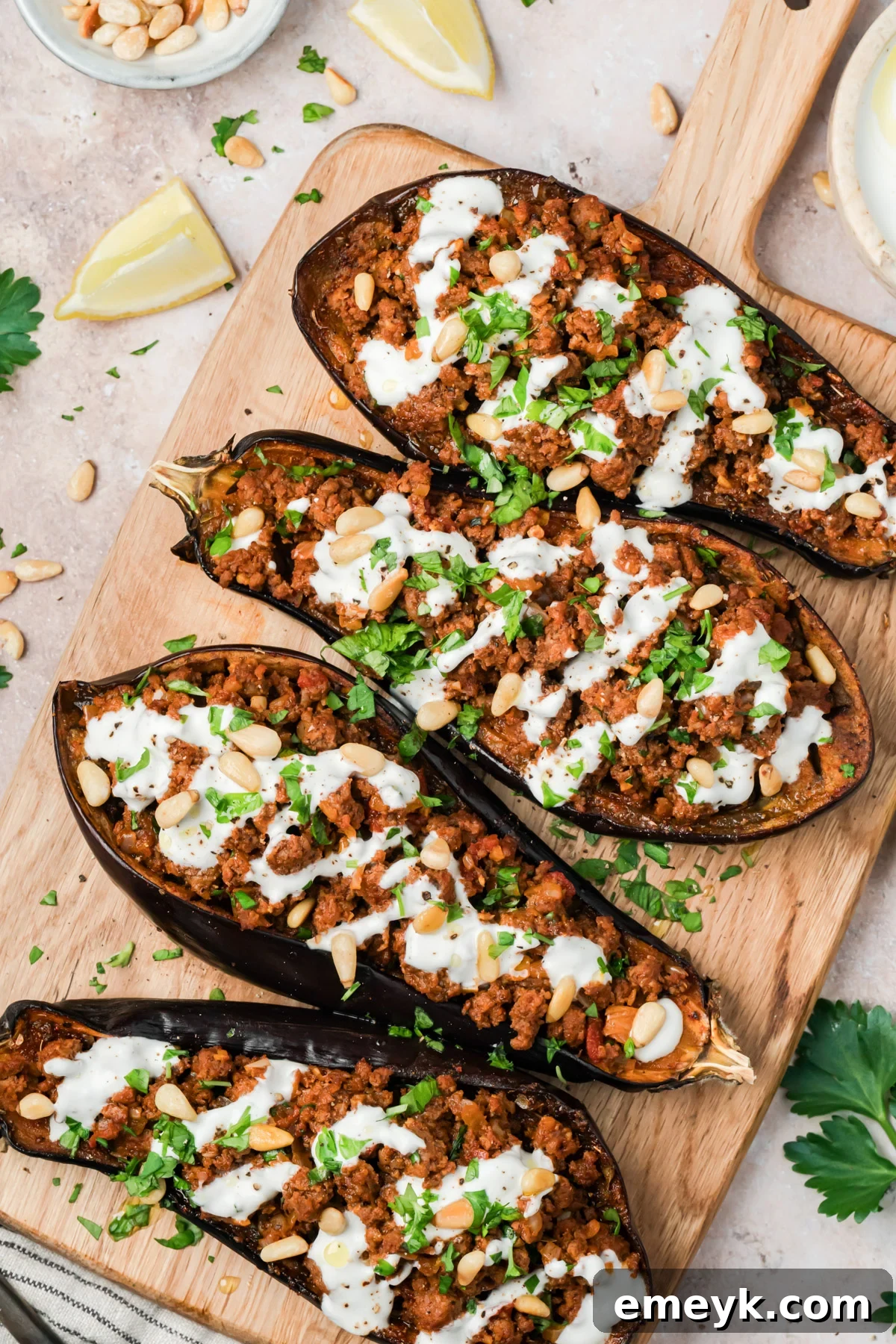 Easy Mediterranean Stuffed Eggplant with Yogurt Sauce