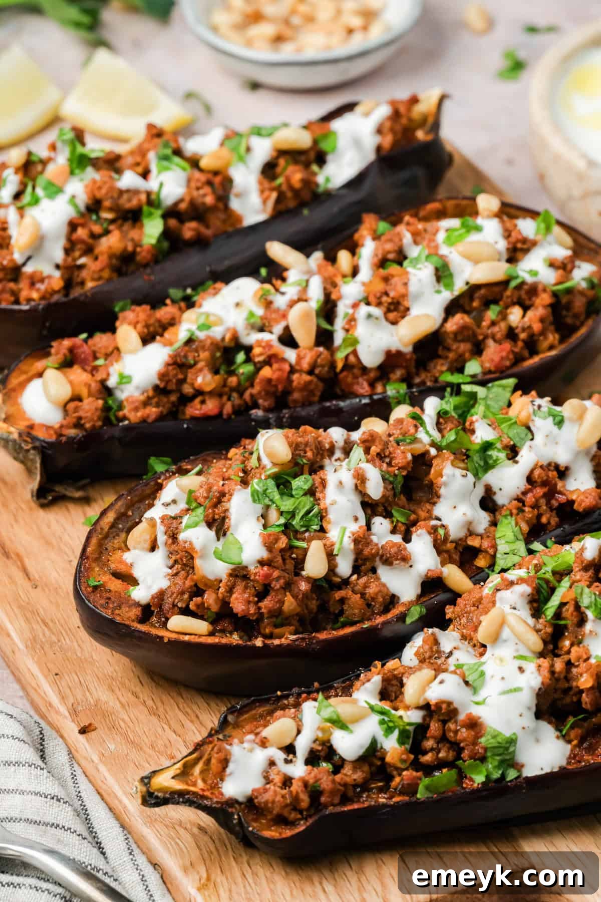 Up Close Mediterranean Ground Beef Stuffed Eggplant