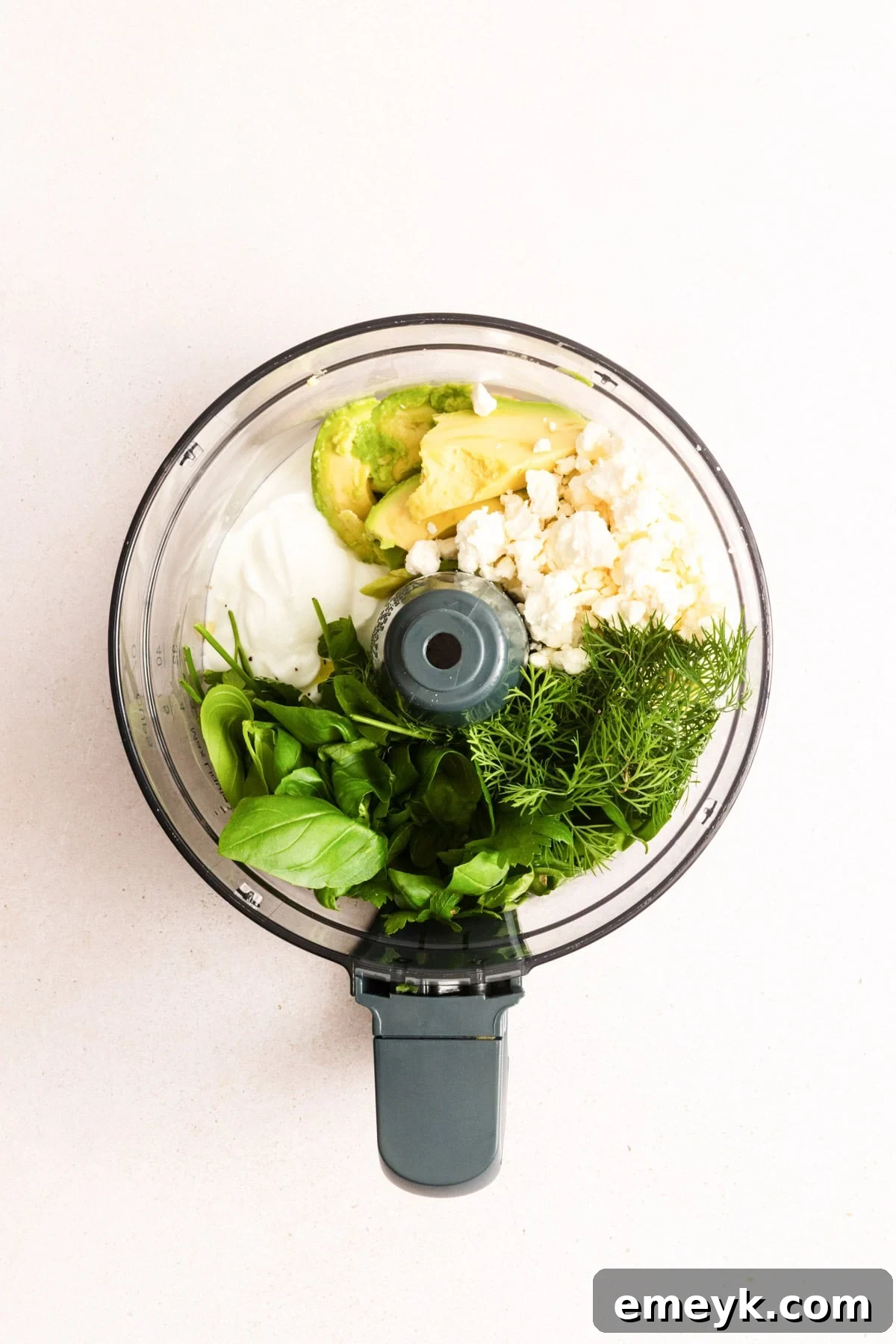 Greek Goddess Dip ingredients in a food processor 