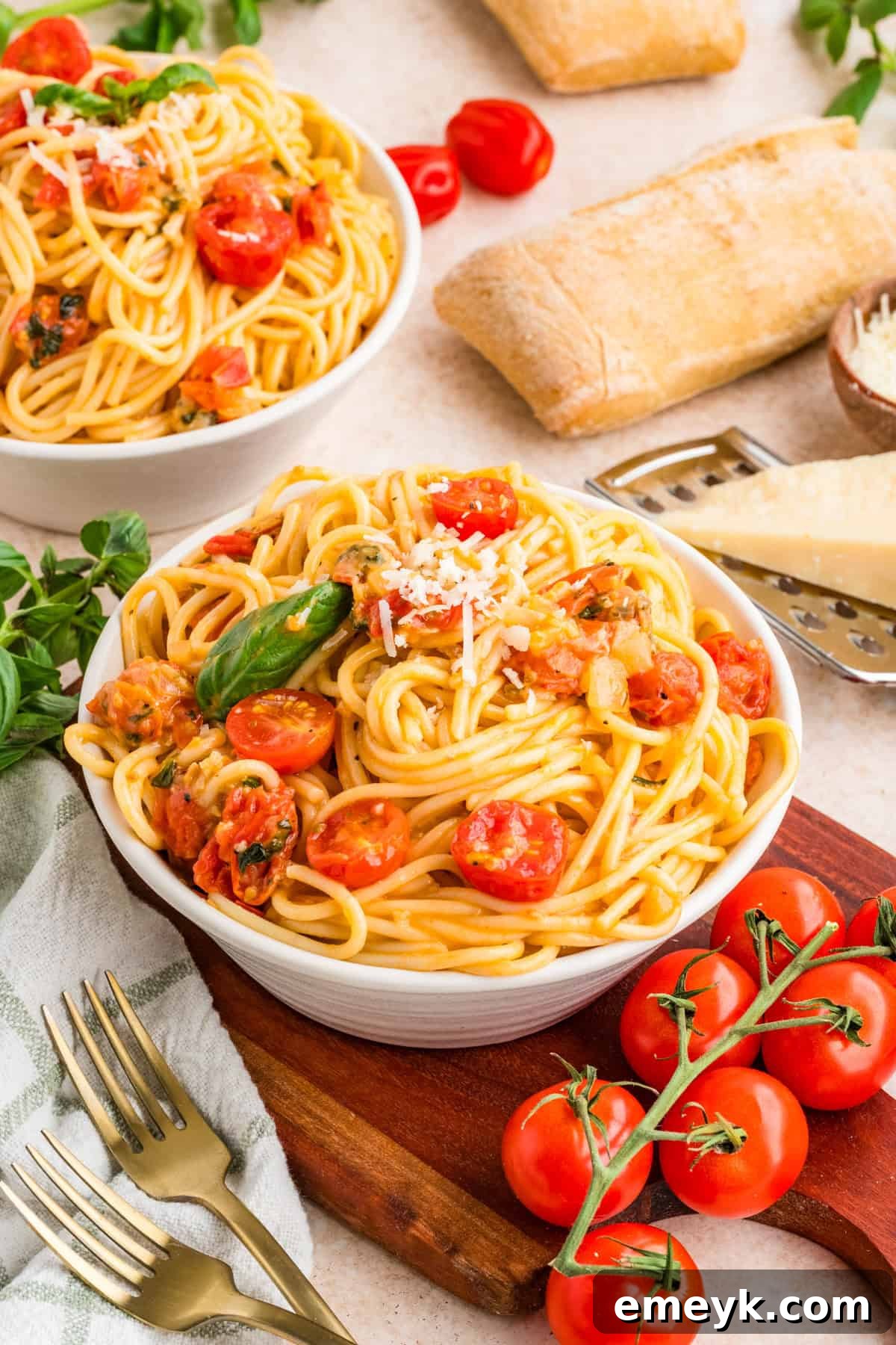 Close up of cherry tomato pasta with glossy tomato sauce and fresh basil leaves