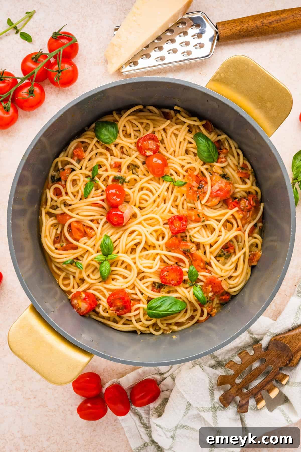 Pasta with tomato and basil in a pot 