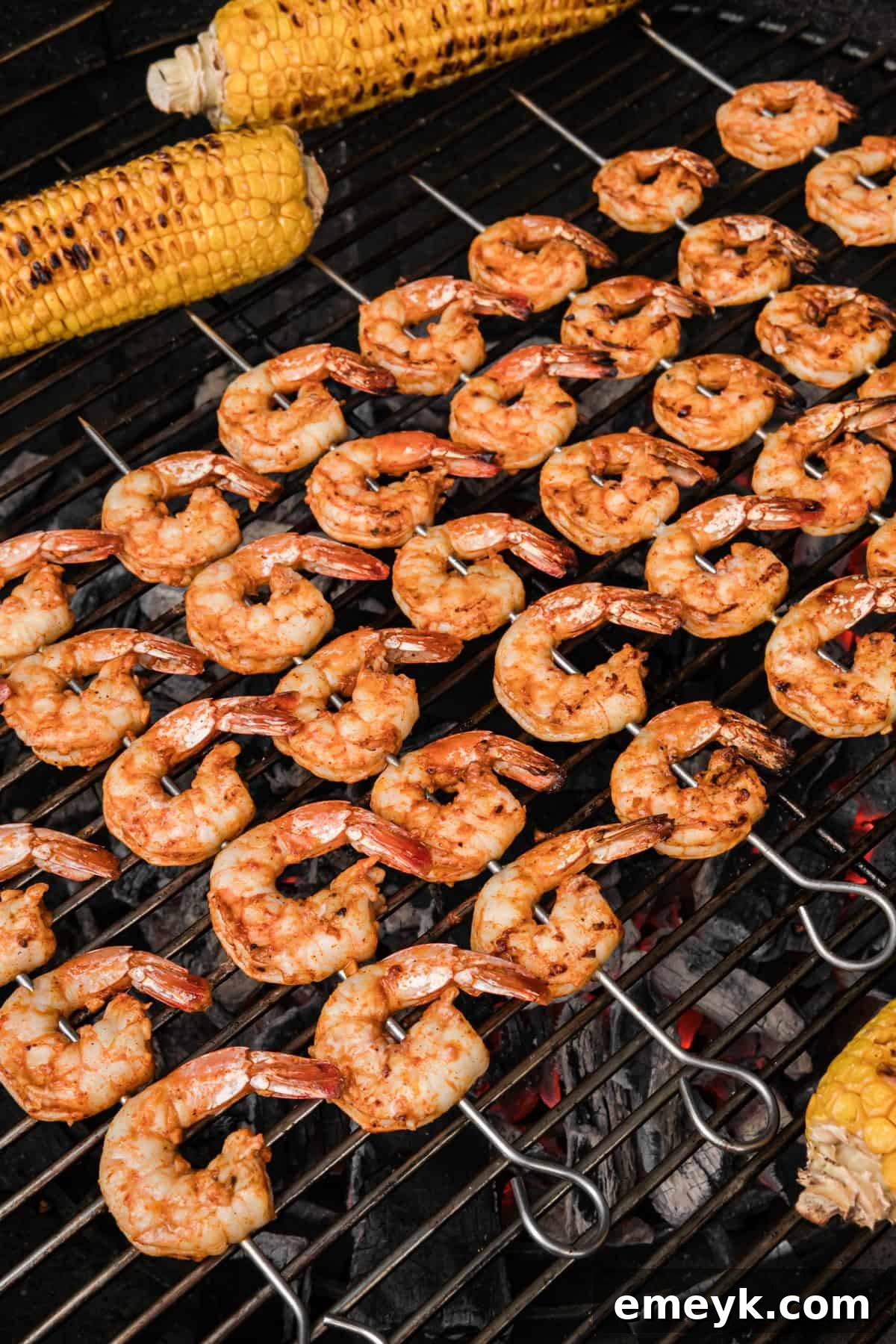 Shrimp grilling next to corn on grill 