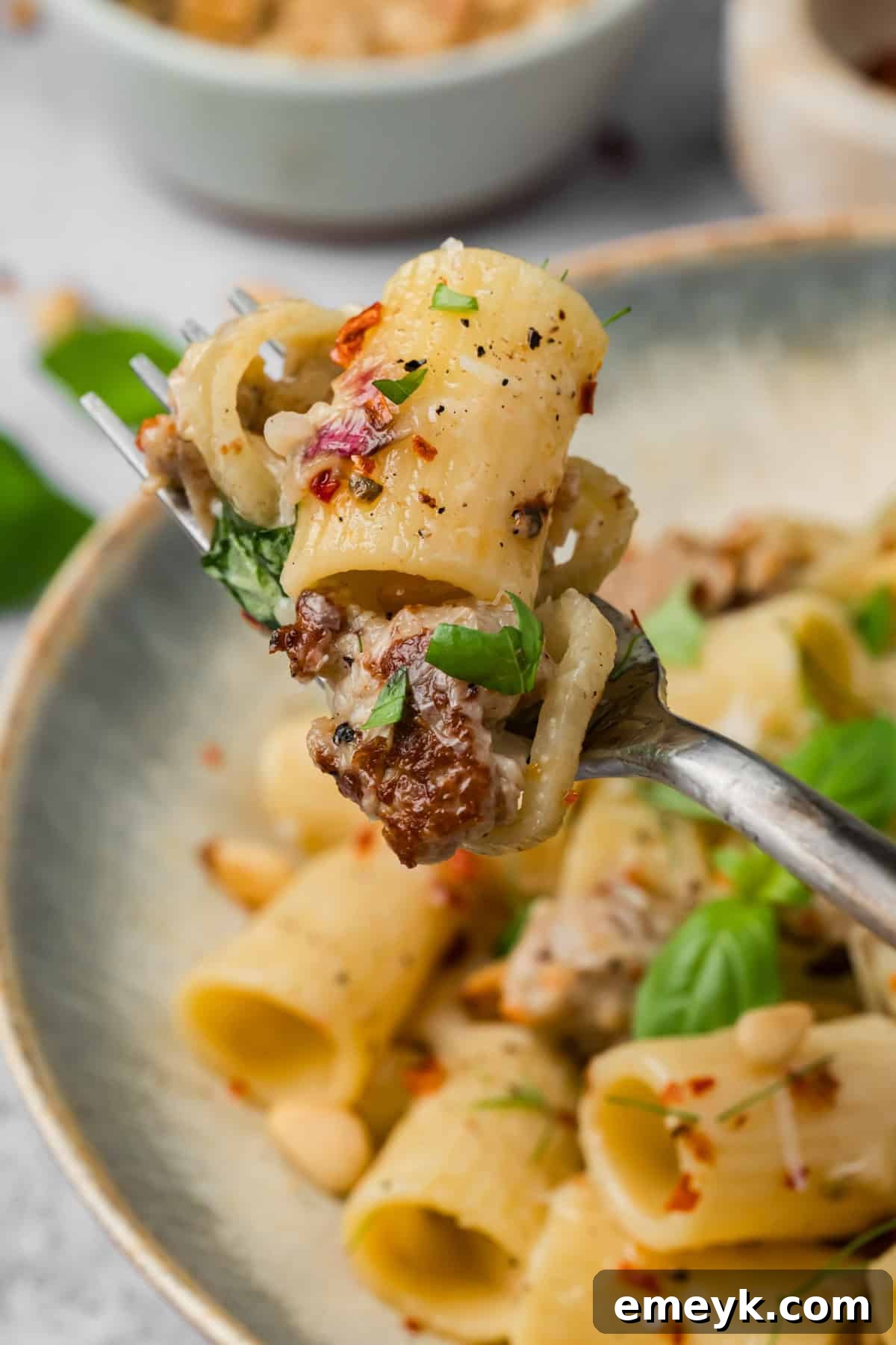 Sausage and Fennel Pasta on a fork