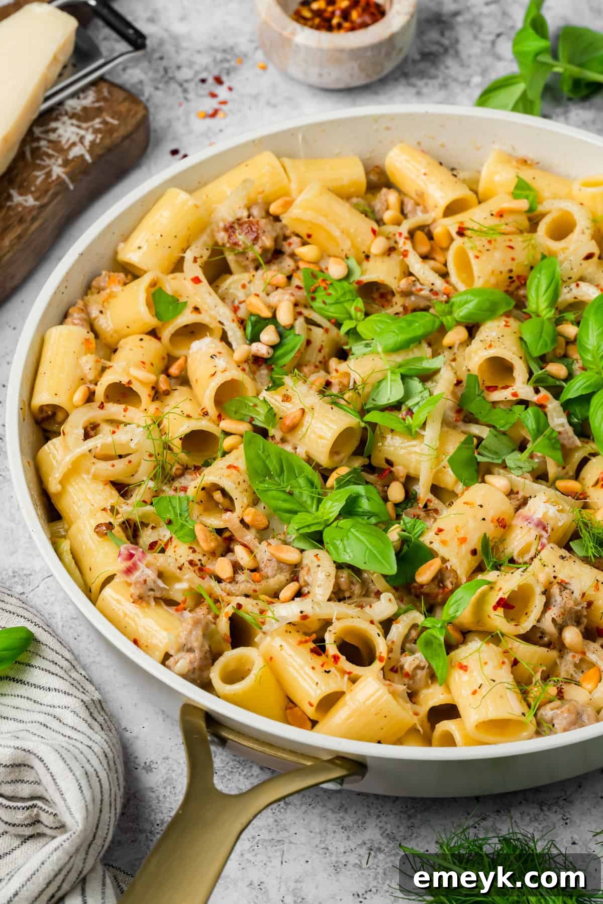 Creamy Sausage and Fennel Pasta with pine nuts and basil