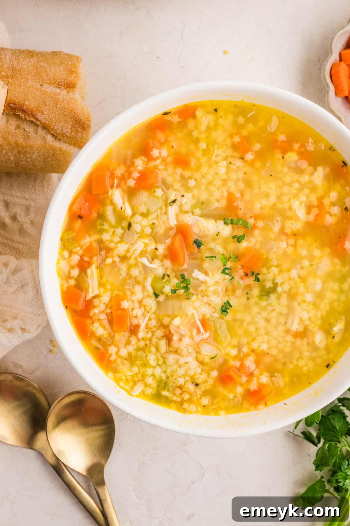 Bowl of chicken pastina soup with shredded chicken and tiny pasta in a clear broth, garnished with parsley