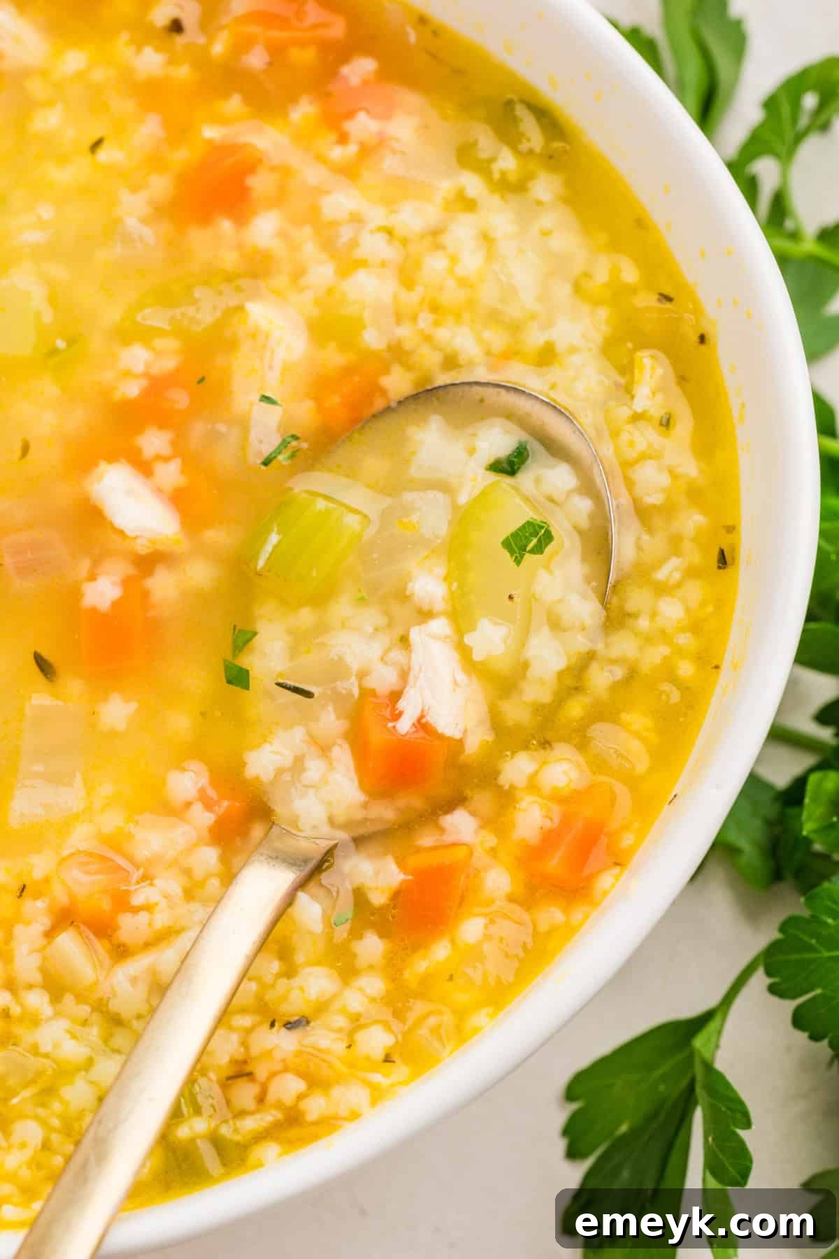 Overhead shot of chicken pastina soup in a white bowl with a spoon 
