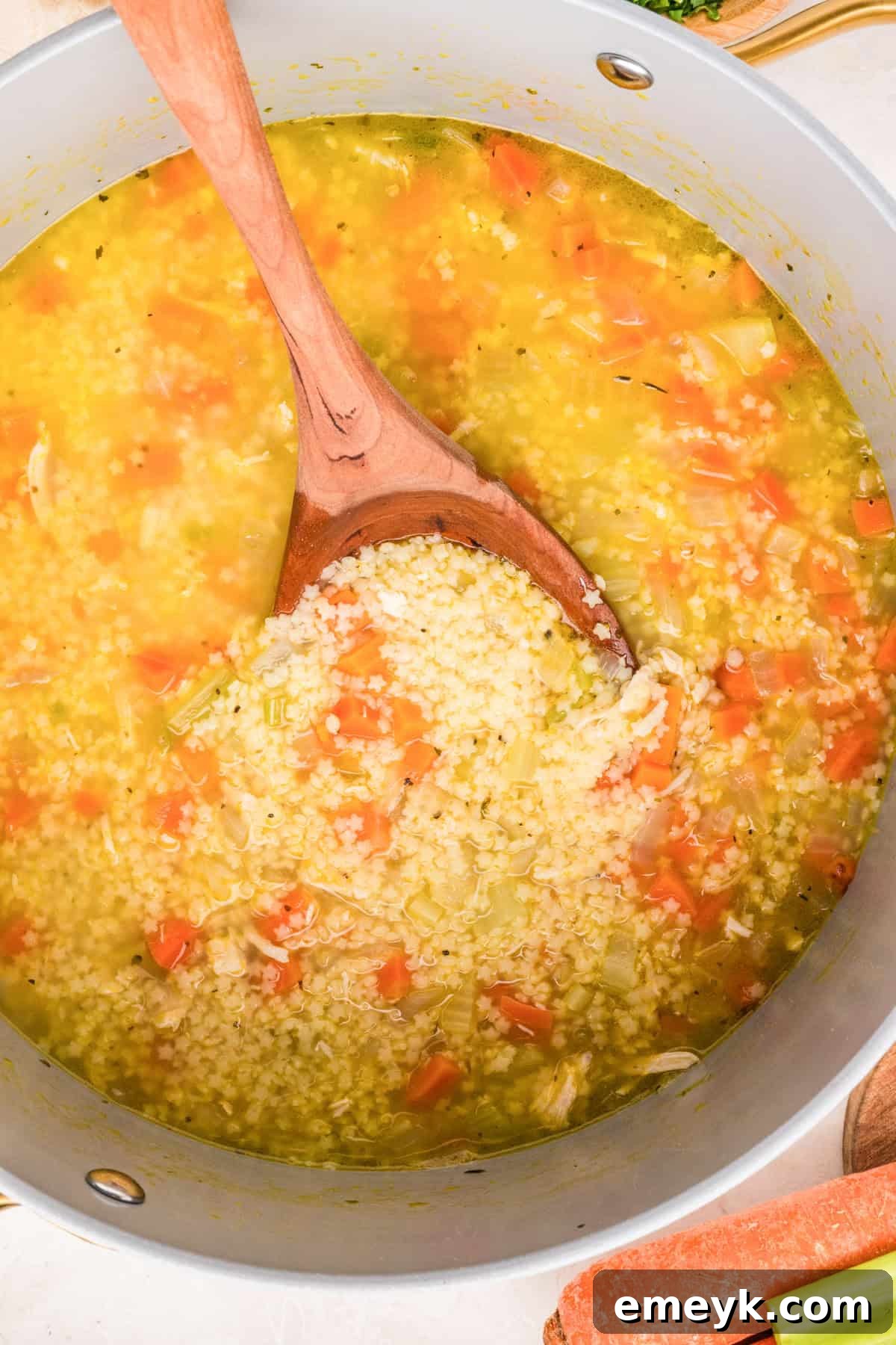 Chicken Pastina in a duch oven with a spoon 