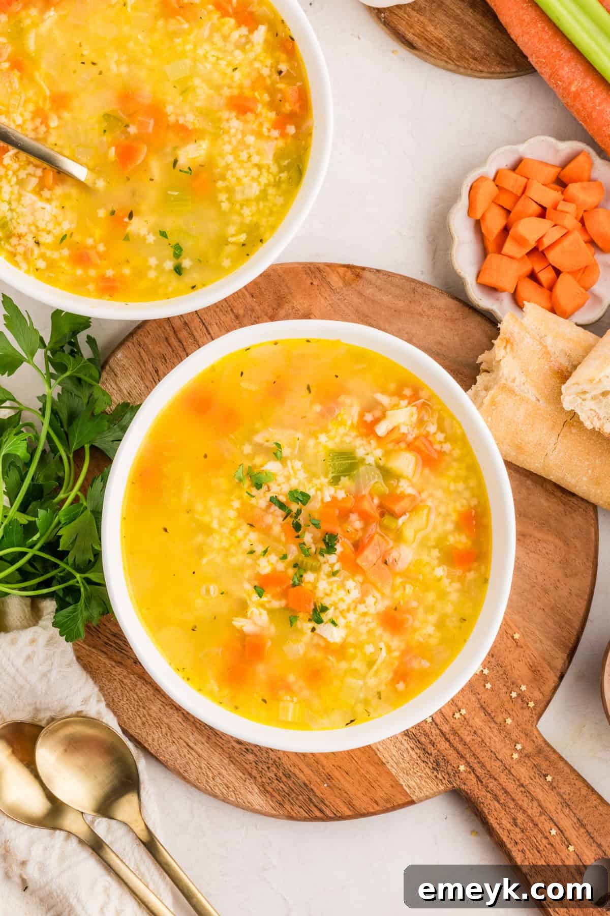 Easy Chicken Pastina Soup in a white bowl 